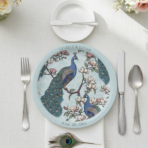 Colorful Peacocks Light Blue Paper Plates