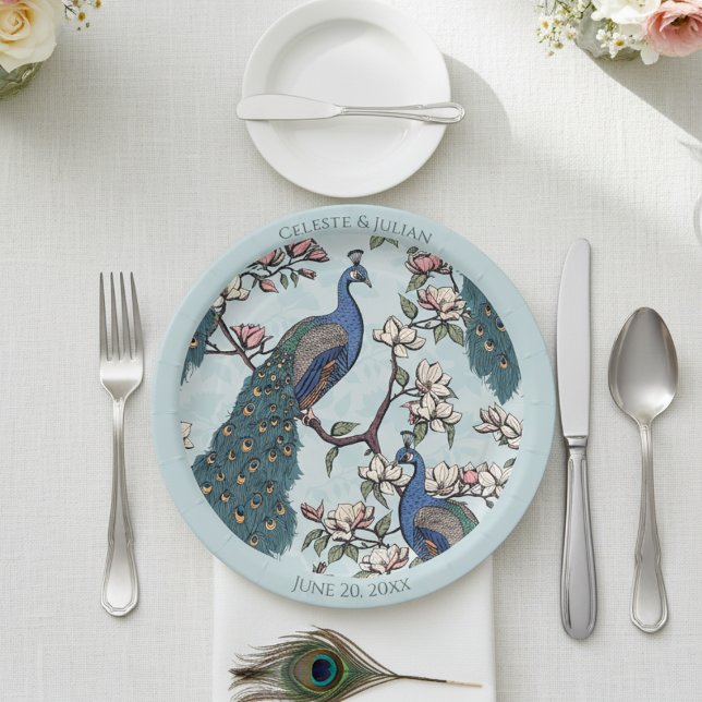 Colorful Peacocks Light Blue Paper Plates (Colorful Floral Peacock Wedding Plates. Elegant Blue & Teal Peacock & Magnolia Flowers Blue Pattern)