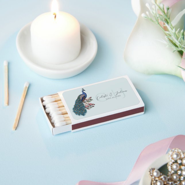 Colorful Peacocks & Magnolia Flowers Blue Matchboxes (Insitu)