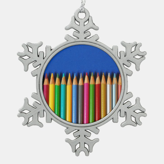 Colorful pencil crayons snowflake pewter christmas ornament (Front)