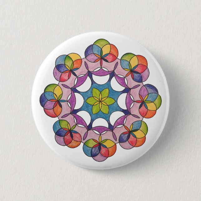 Colorful Pencil Drawn Geometric Mandala Spiritual Button (Front)
