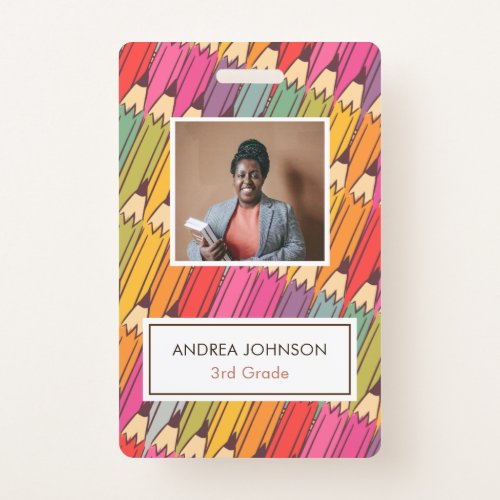 Colorful Pencil Pattern Primary Teacher Photo ID Badge