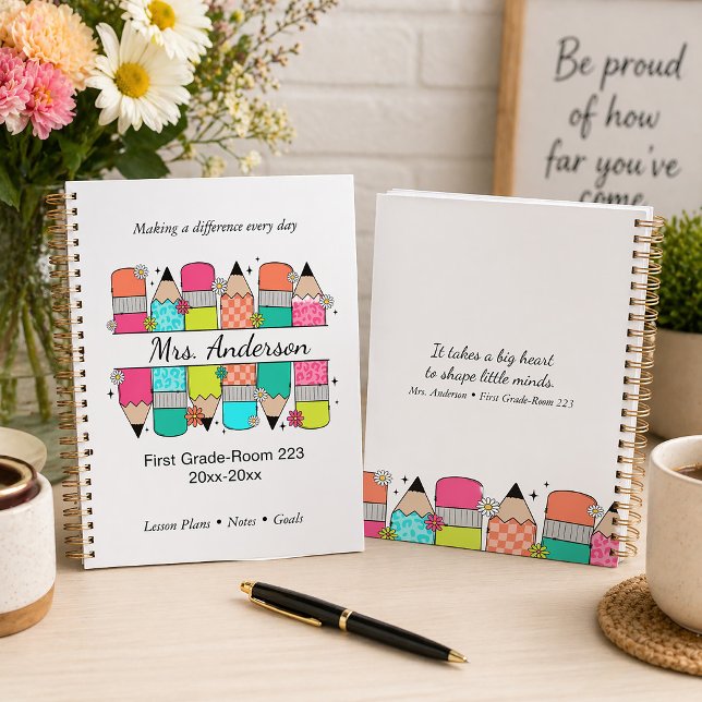 Colorful Pencil Teacher Name Classroom Planner (Custom planner for teacher with inspirational quote)