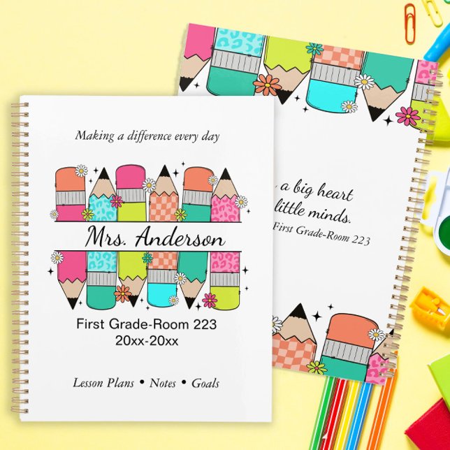 Colorful Pencil Teacher Name Classroom Planner (Custom planner for teachers. Personalize with name and class information.  )