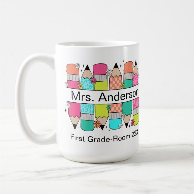 Colorful Pencil Teacher Name  Coffee Mug (Left)