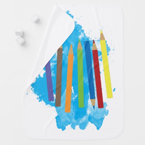 Colorful Pencils Blue Watercolor Background Baby Blanket