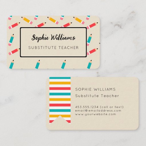 Colorful Pencils Substitute Teacher Business Card Zazzle