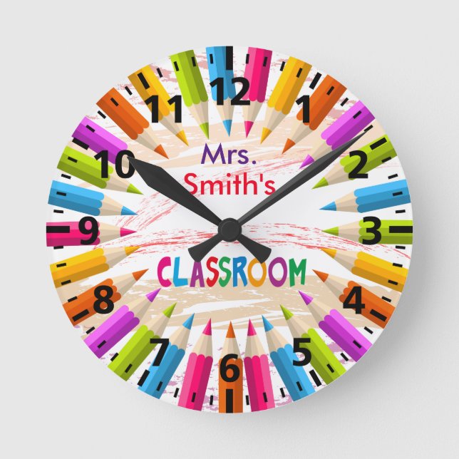 Colorful Pencils Teacher's Classroom Round Clock (Front)