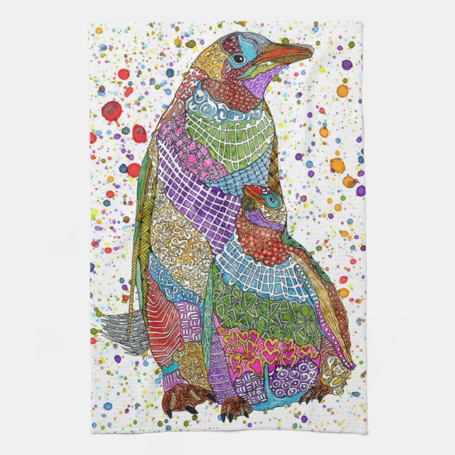 Colorful Penguin and Baby Chick Kitchen Towel   (Vertical)