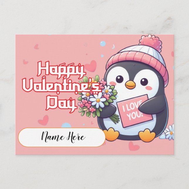 Colorful Penguin Valentines Day Postcard (Front)
