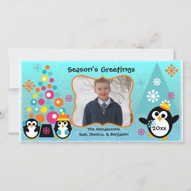 Colorful Penguins Holiday Greetings Photo Card (Front)