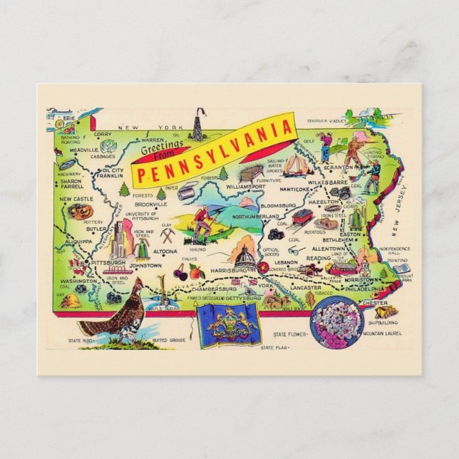 Colorful Pennsylvania Map Postcard (Front)