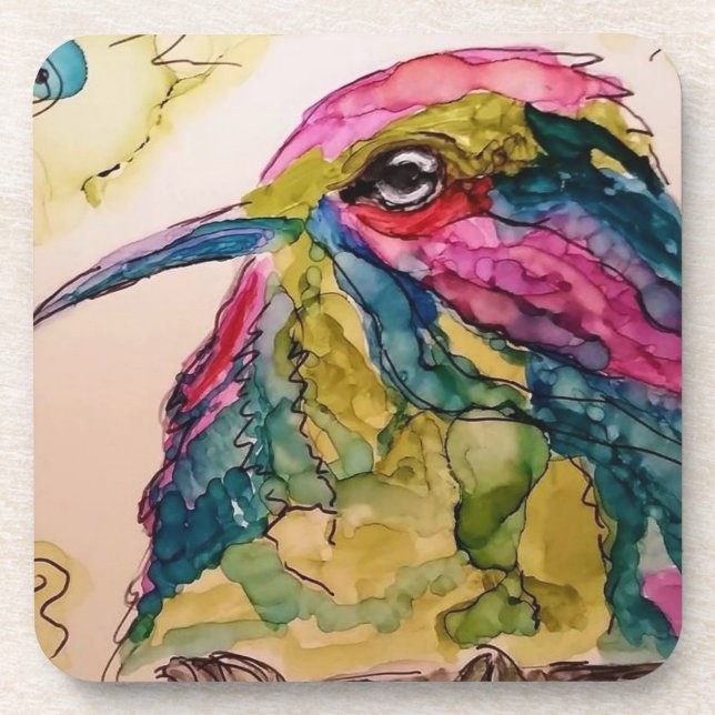 Colorful Pensive Bird Drink Coaster (Front)