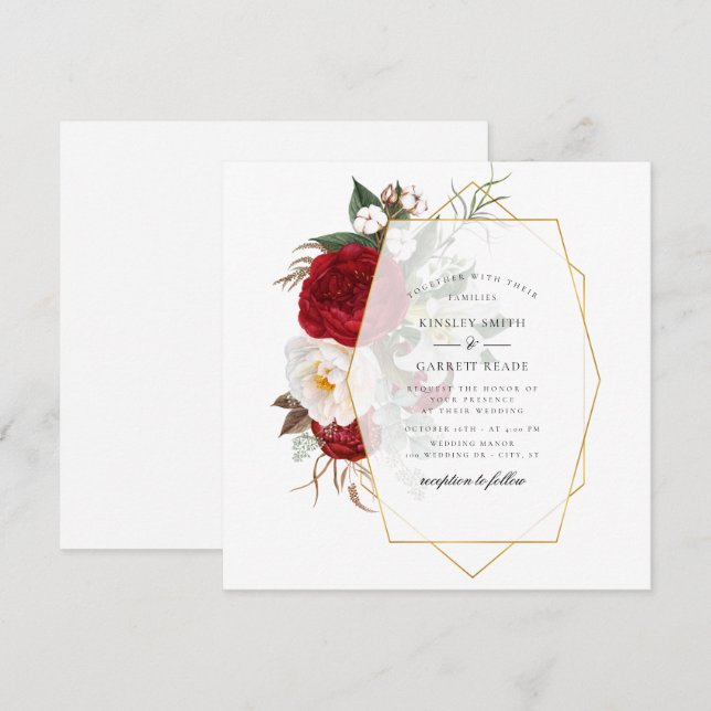 Colorful Peony Bouquet Gold Frame Wedding Invitation (Front/Back)