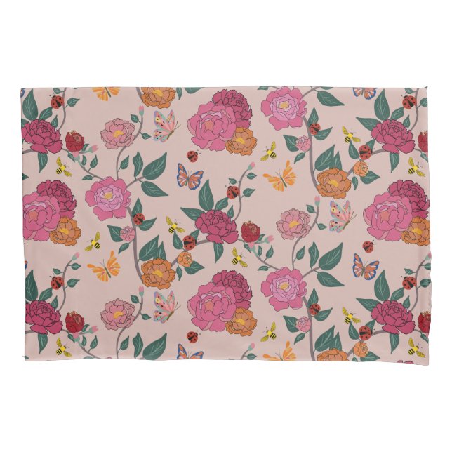 Colorful Peony,Butterflly,Bee,Lady Bug&Flower Pillow Case (Front)