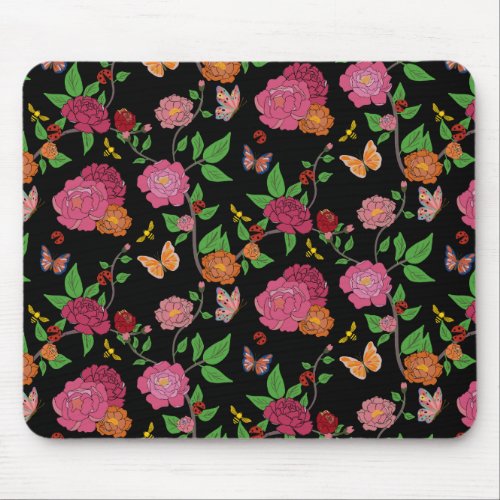 Colorful PeonyButterflyBeeLady BugWildflower Mouse Pad