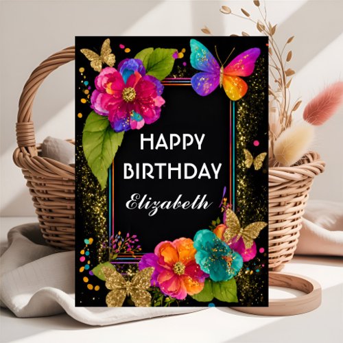Colorful Peony Flowers & Butterflies Birthday Card