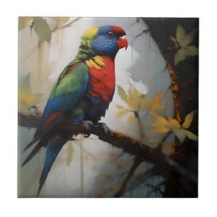 Colorful Perch: A Rainbow Lorikeet in the Tree Ceramic Tile
