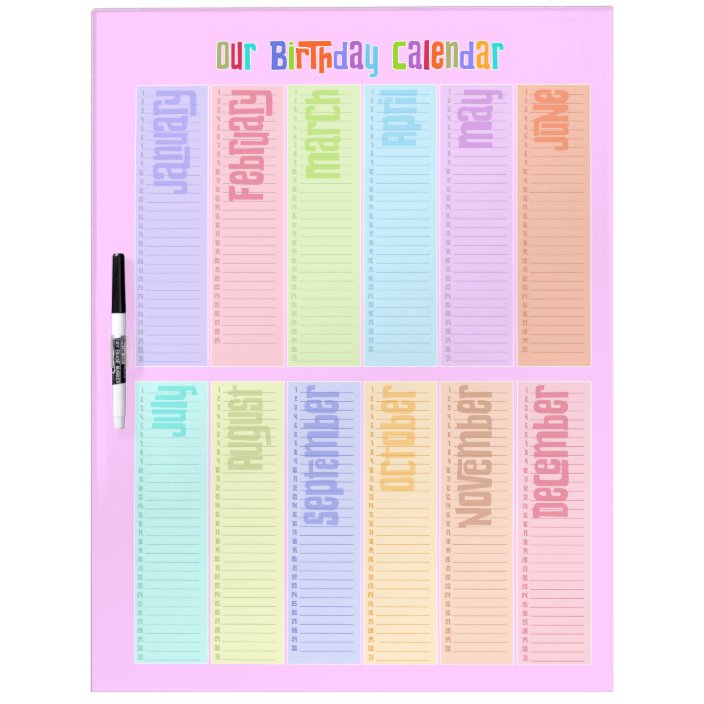 Colorful Perpetual Birthday Calendar DryErase Board