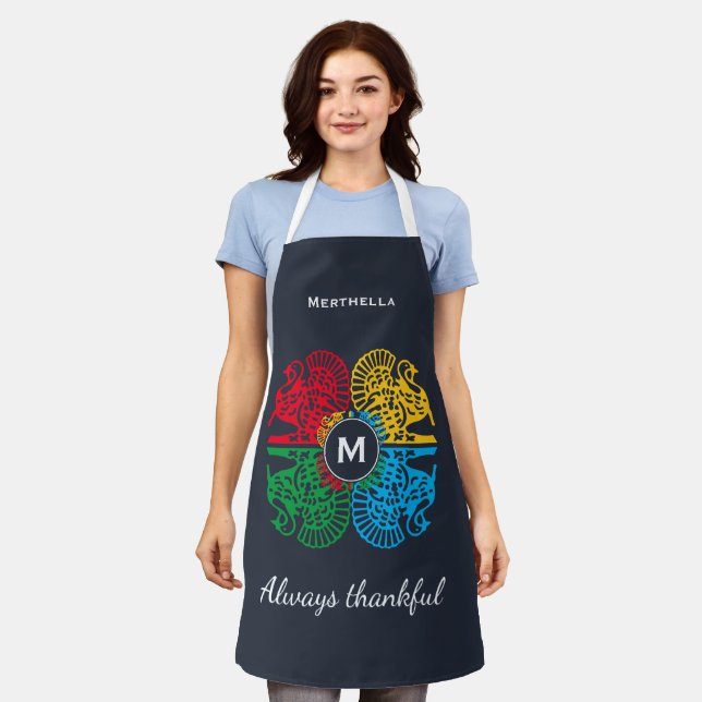 Colorful Personalized Blue Turkey Apron (Worn)