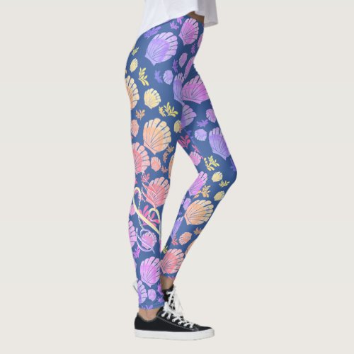 Colorful Personalized Monogram Seashell Pattern Leggings