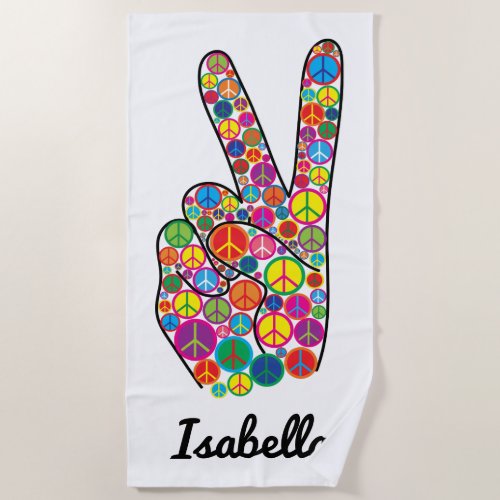Colorful Personalized Peace Signs Hand Beach Towel