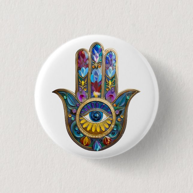 Colorful Petals Leaves Hamsa Sapphire Third Eye Button (Front)