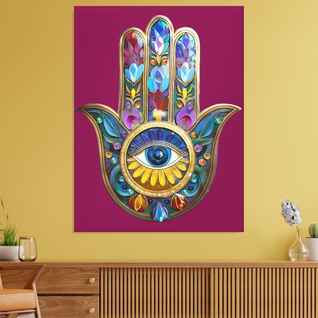 Colorful Petals Leaves Hamsa Sapphire Third Eye Canvas Print (Insitu(LivingRoom))