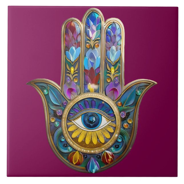 Colorful Petals Leaves Hamsa Sapphire Third Eye Ceramic Tile (Front)