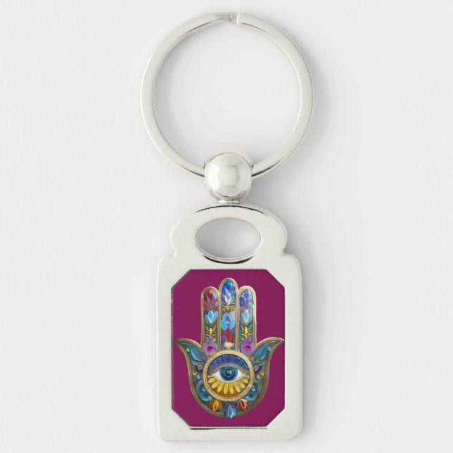 Colorful Petals Leaves Hamsa Sapphire Third Eye Keychain (Front)