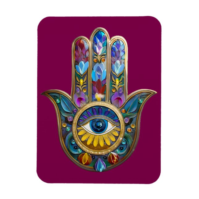 Colorful Petals Leaves Hamsa Sapphire Third Eye Magnet (Vertical)