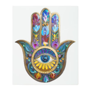 Colorful Petals Leaves Hamsa Sapphire Third Eye Metal Print