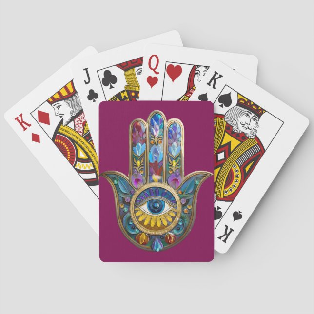 Colorful Petals Leaves Hamsa Sapphire Third Eye Poker Cards (Back)