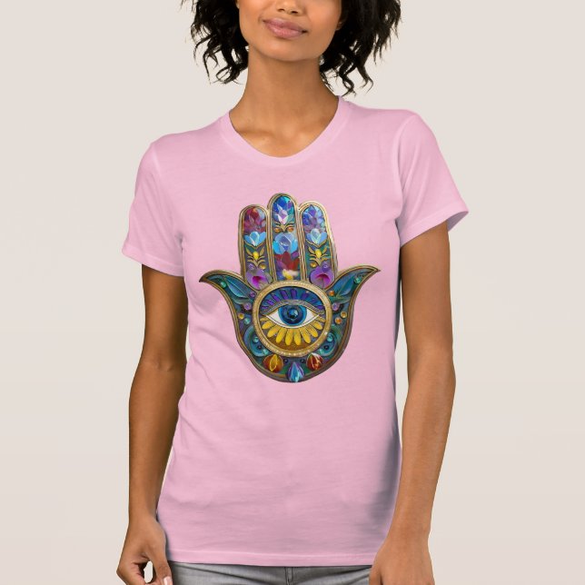 Colorful Petals Leaves Hamsa Sapphire Third Eye T-Shirt (Front)