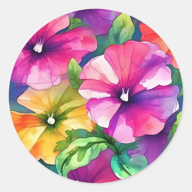 Colorful Petunia Floral Pattern Classic Round Sticker (Front)