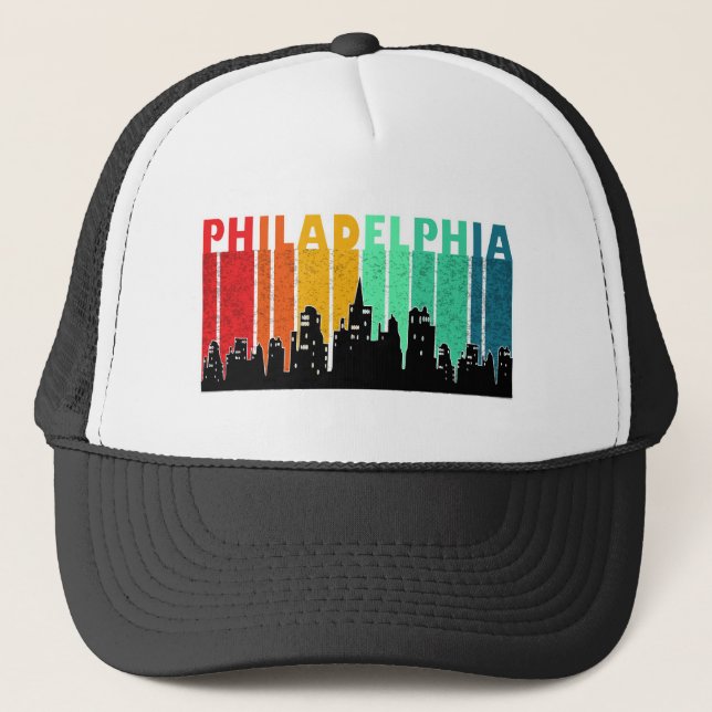 Colorful Philadelphia Retro Sunset Cityscape Trucker Hat (Front)