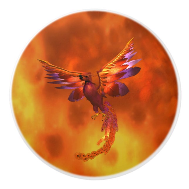 Colorful Phoenix Flying Against a Fiery Background Ceramic Knob (Front)