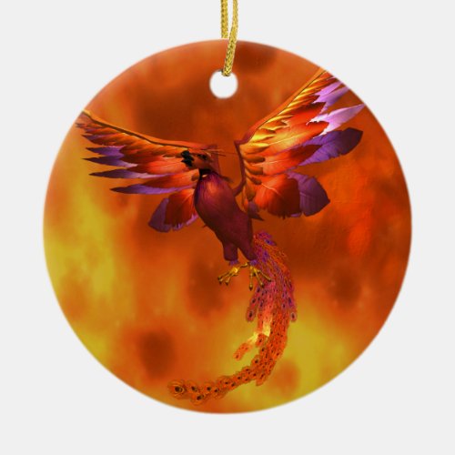 Colorful Phoenix Flying Against a Fiery Background Ceramic Ornament