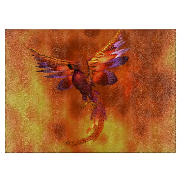 Colorful Phoenix Flying Against a Fiery Background Cutting Board (Front)