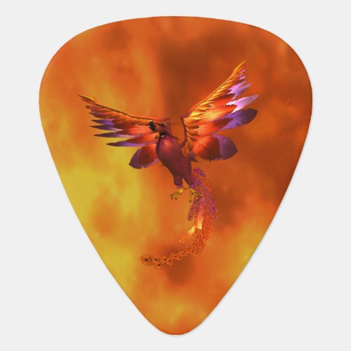 Colorful Phoenix Flying Against a Fiery Background Guitar Pick