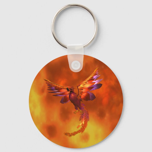 Colorful Phoenix Flying Against a Fiery Background Keychain (Front)