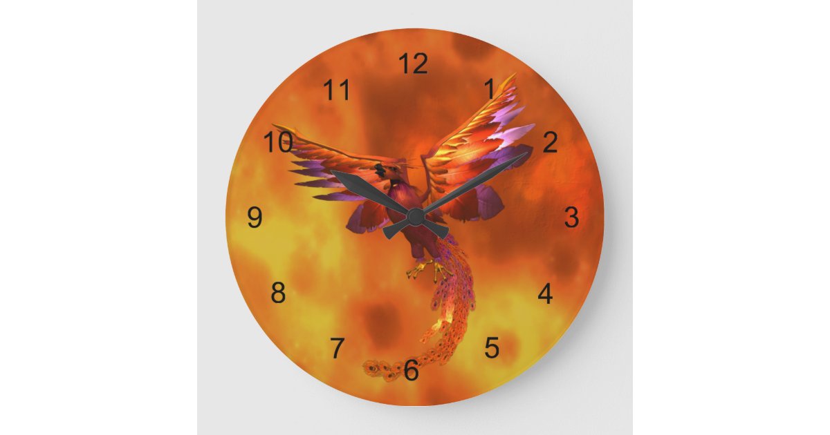 Phoenix Clock Colorful Phoenix Flying Against a Fiery Background Large Clock | Zazzle