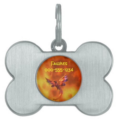 Colorful Phoenix Flying Against a Fiery Background Pet Name Tag