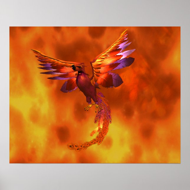Colorful Phoenix Flying Against a Fiery Background Poster (Front)