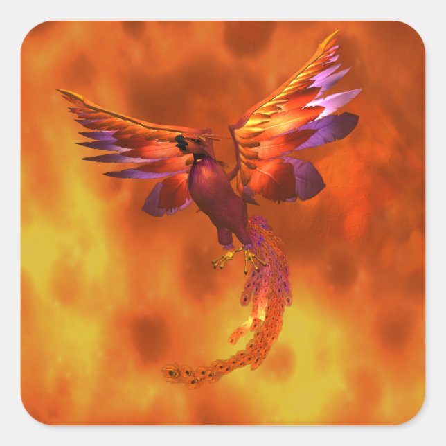 Colorful Phoenix Flying Against a Fiery Background Square Sticker (Front)