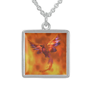 Colorful Phoenix Flying Against a Fiery Background Sterling Silver Necklace