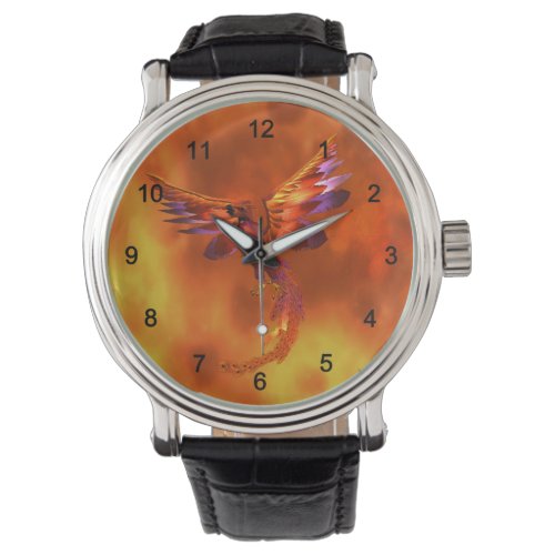 Colorful Phoenix Flying Against a Fiery Background Watch