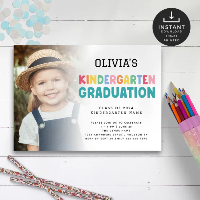 Colorful Photo Overlay Kindergarten Graduation Invitation | Zazzle