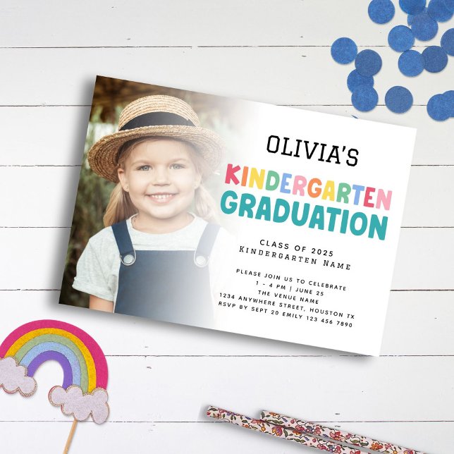 Colorful Photo Overlay Kindergarten Graduation  Invitation (front view)