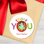 Colorful Photo Thank You Kids Birthday Party Classic Round Sticker<br><div class="desc">This bright, whimsical thank you sticker design features space for one photo in the "O"of the "you." Additional color options as well as the collection of coordinating products are available in our shop, zazzle.com/doodlelulu*. Contact us if you need this design applied to a specific product to create your own unique...</div>